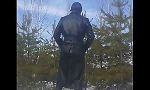 Leather guy jerking in the forest