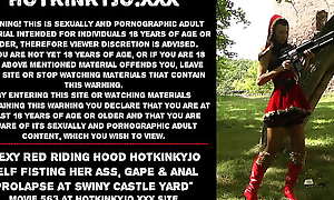 Sexy Red Riding Hood Hotkinkyjo self fisting her ass, gape and anal prolapse at Swiny Castle yard
