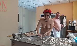 Nudist housekeeper Regina Noir cooking at the kitchen. Naked maid makes dumplings. Naked cooks. camera 1.