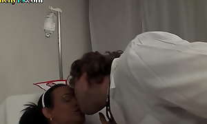 Curvy nurse tgirl dominating patient with whip and blowjob