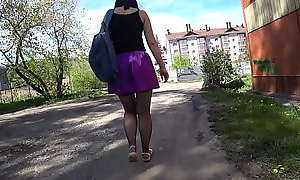 Voyeur with hidden camera spying on legs in stockings and a beautiful butt under a short skirt in public places. Amateur foot fetish compilation.