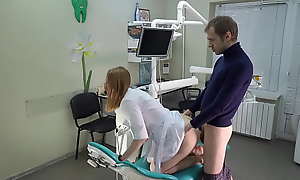 The patient fucked the doctor in doggystyle position on the dental chair, she sucked cock and he cum in her mouth