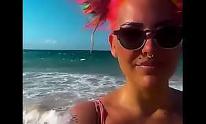 Natalie Casanova walks around the beach exposing will not hear of monumental tits